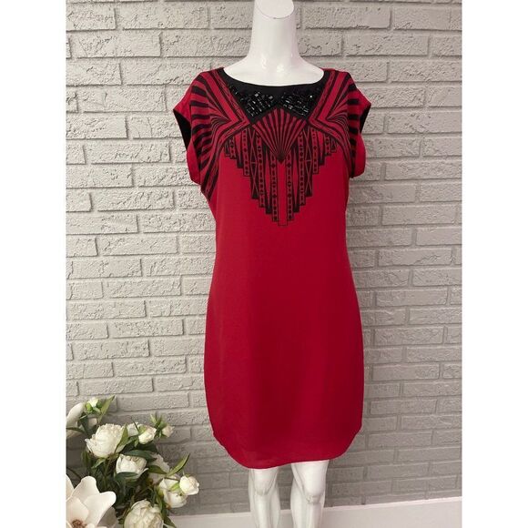 Timeless Naeem Khan Red & Black Beaded Shift Dress Size S - Picture 1 of 9